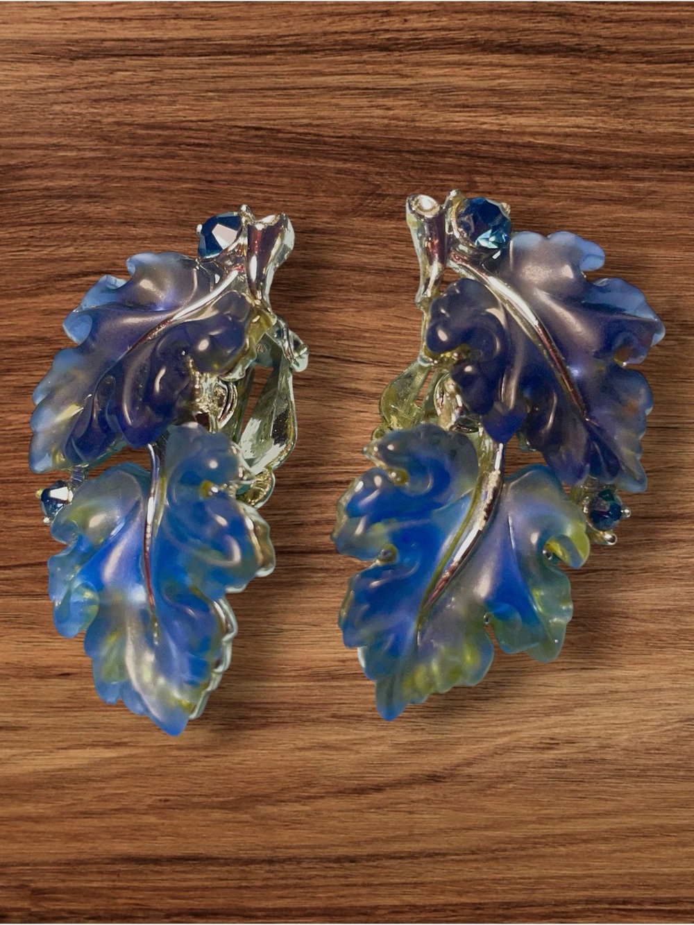 Lisner-Blue Leaf Statement Clip-On Earrings - Women's Jewelry- Vintage Lisner